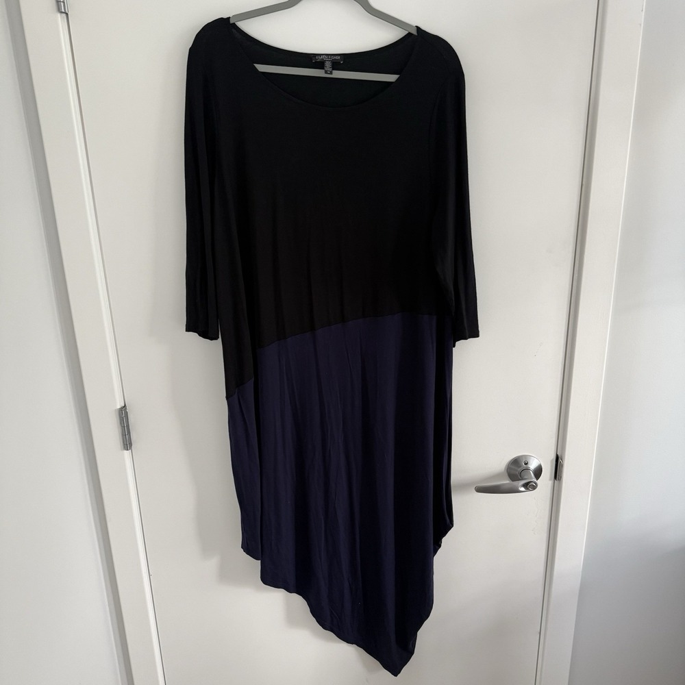 Eileen Fisher Dress Black Blue Color Block Asymmetrical 3/4 Sleeve Womens Sz 1X